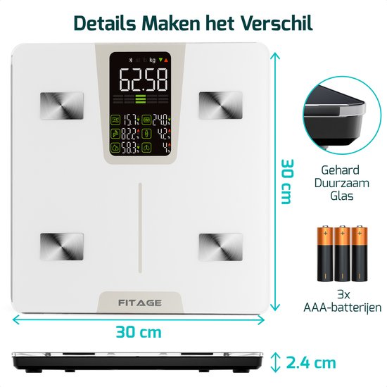 FITAGE Pèse-personne LED blanc - Pèse-personne numérique - Pèse-personne intelligent avec analyse corporelle 17x - Pèse-personne - FITAGE App