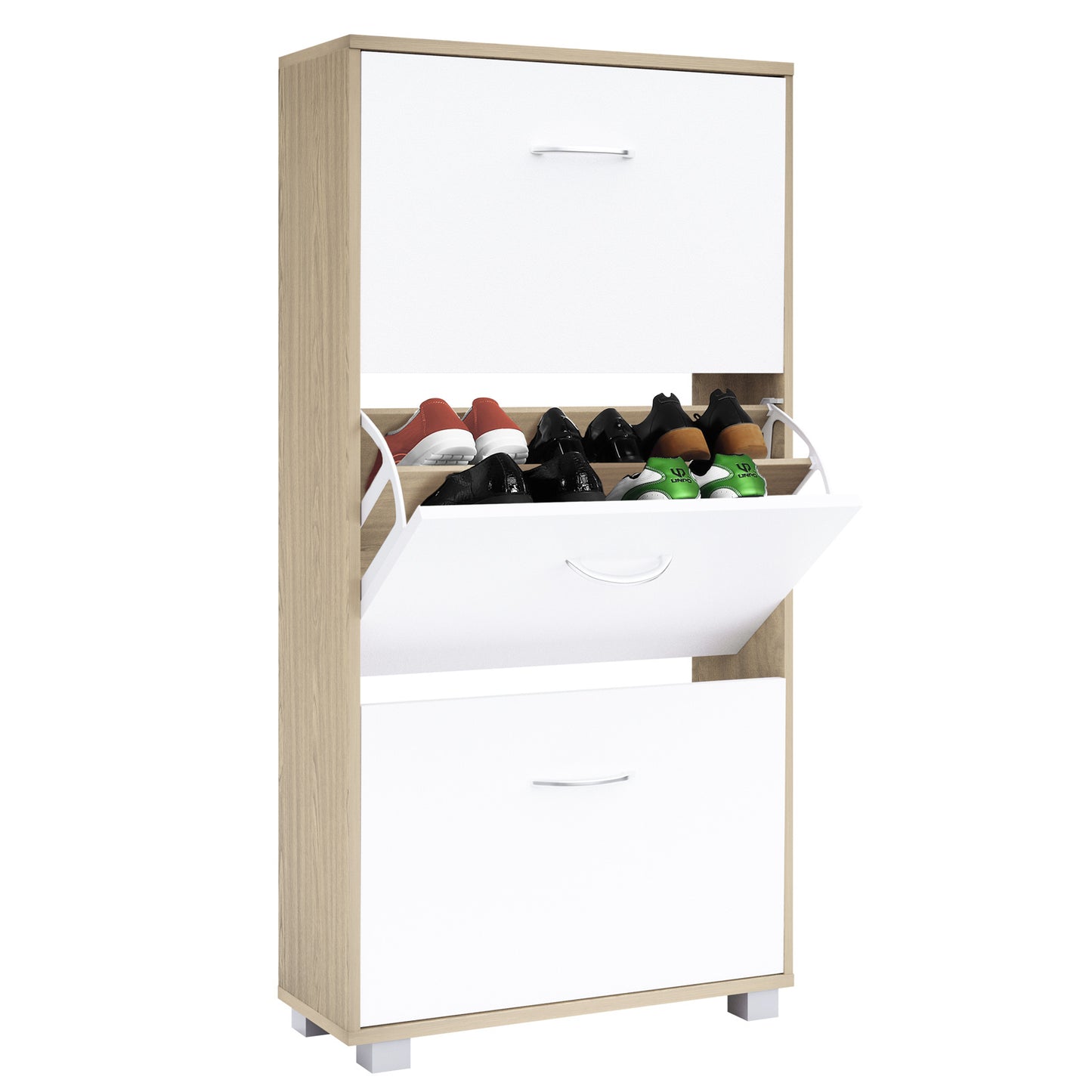 Armoire à chaussures - 3 volets - 115x60x24cm - 18 paires de chaussures - Chêne/Blanc
