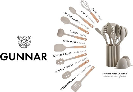 Set d'ustensiles de cuisine en bois et silicone GUNNAR - 11 pièces