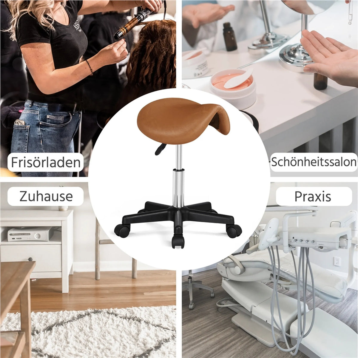 Yaheetech Tabouret de selle ergonomique - équipé d'un élévateur à gaz SGS réglable en hauteur et de roues en nylon pivotantes à 360° et d'une base chromée - pour salon de coiffure et cabinet - cuir synthétique PU marron rétro et métal - 50 x 50 x 45,5-60