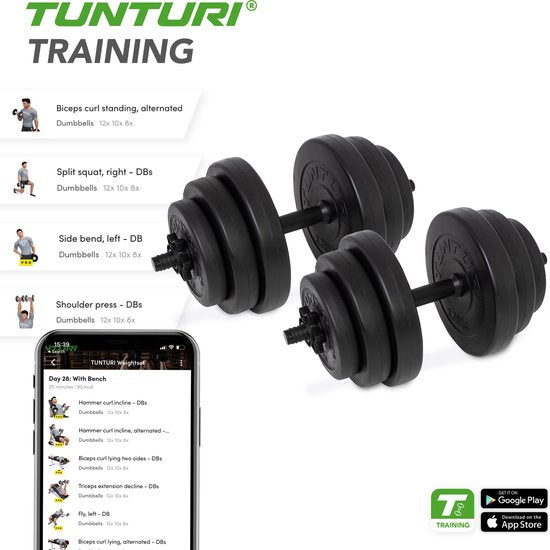 Tunturi Weights - jeu d'haltères - Jeu d'haltères - 2 pièces - Total 28kg - Noir - Vinyle - avec application fitness gratuite