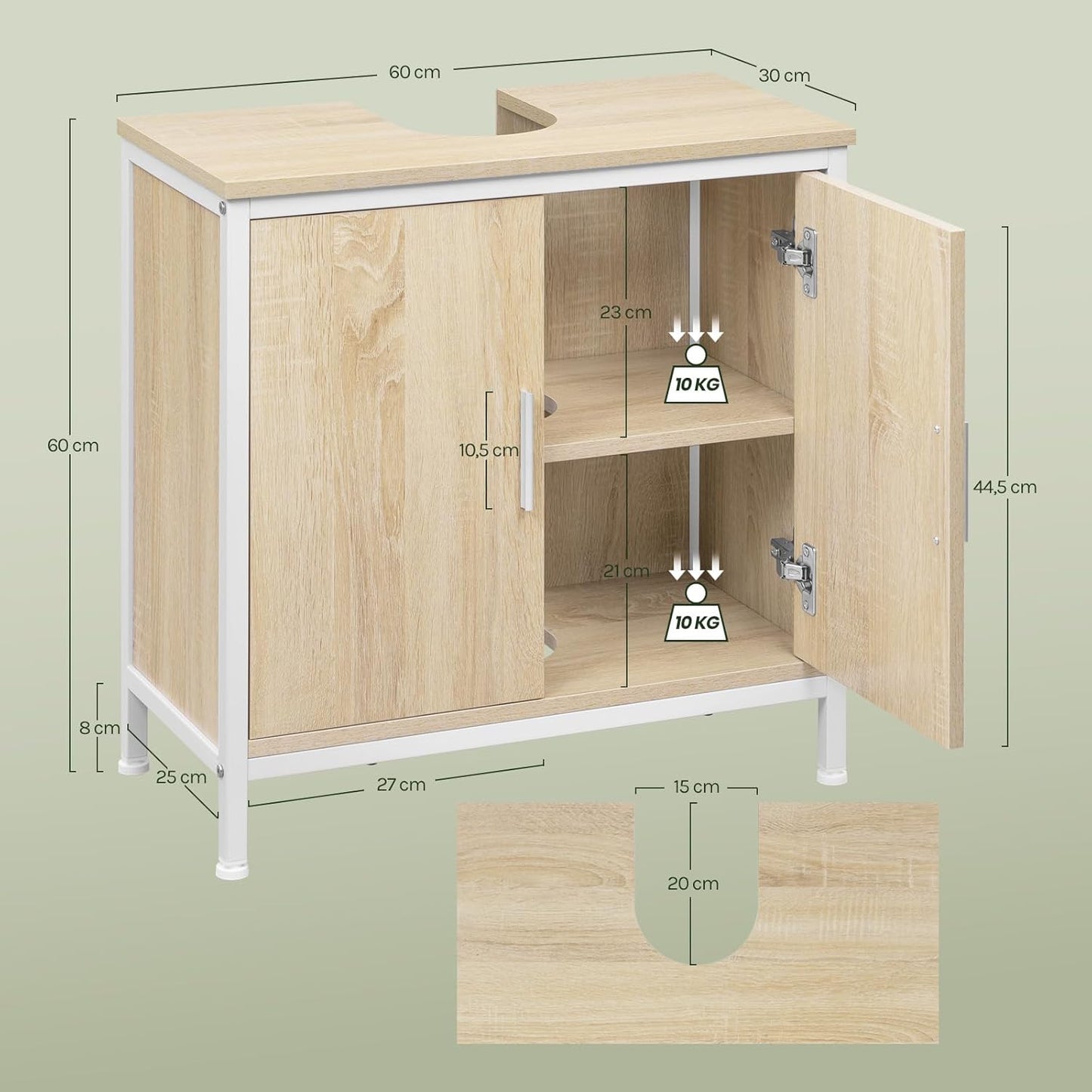 Meuble sous-lavabo EUGAD - 60 x 60 x 30 cm - blanc et chêne clair - avec cloison de séparation réglable