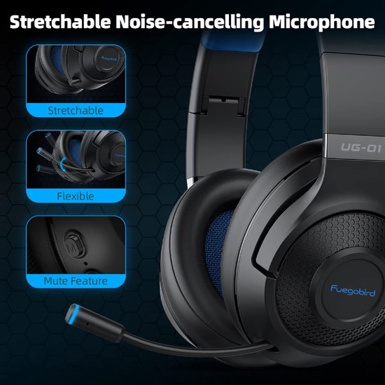Fuegobird UG-01 2,4GHz Casque de jeu sans fil - Casque Bluetooth - Multiplateforme - Convient pour PS4/PS5, Nintendo Switch - Noir Bleu