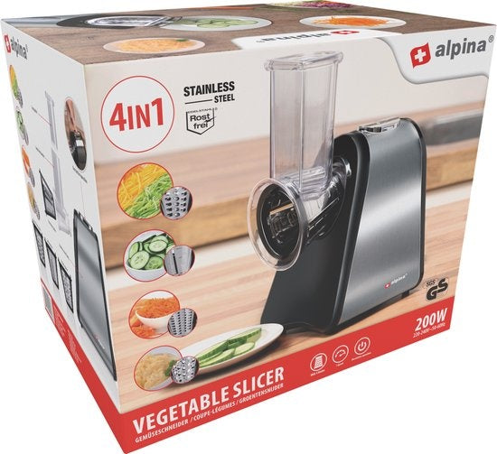 Coupe-légumes électrique Alpina - Mandoline - 4 lames en acier inoxydable - 200W - Noir/gris