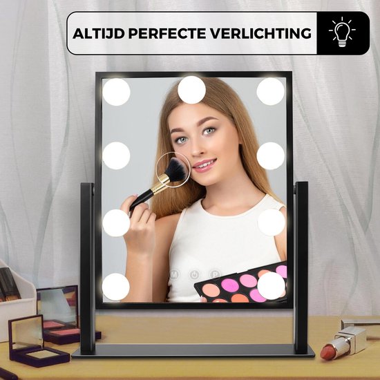 Bayt - Miroir avec éclairage - Miroir hollywoodien avec éclairage - Miroir de maquillage avec éclairage - Dimmable - Grossissement 10x - 36 x 30 cm - Noir