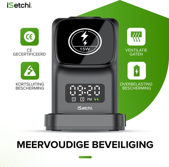 iSetchi MagSafe 5-in-1 Wireless Charger (15W USB-C fast charger) - Avec lampe LED, horloge numérique et fonctions d'alarme - Convient pour iPhone, Apple iWatch et Airpods - Station Qi sans fil - Chargeur GSM
