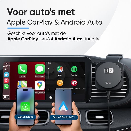 CarMe 4-in-1 CarPlay Dongle Pro - Avec chargeur sans fil - Wireless CarPlay & Android Auto - Android Auto Dongle - MagSafe Car Holder - Noir
