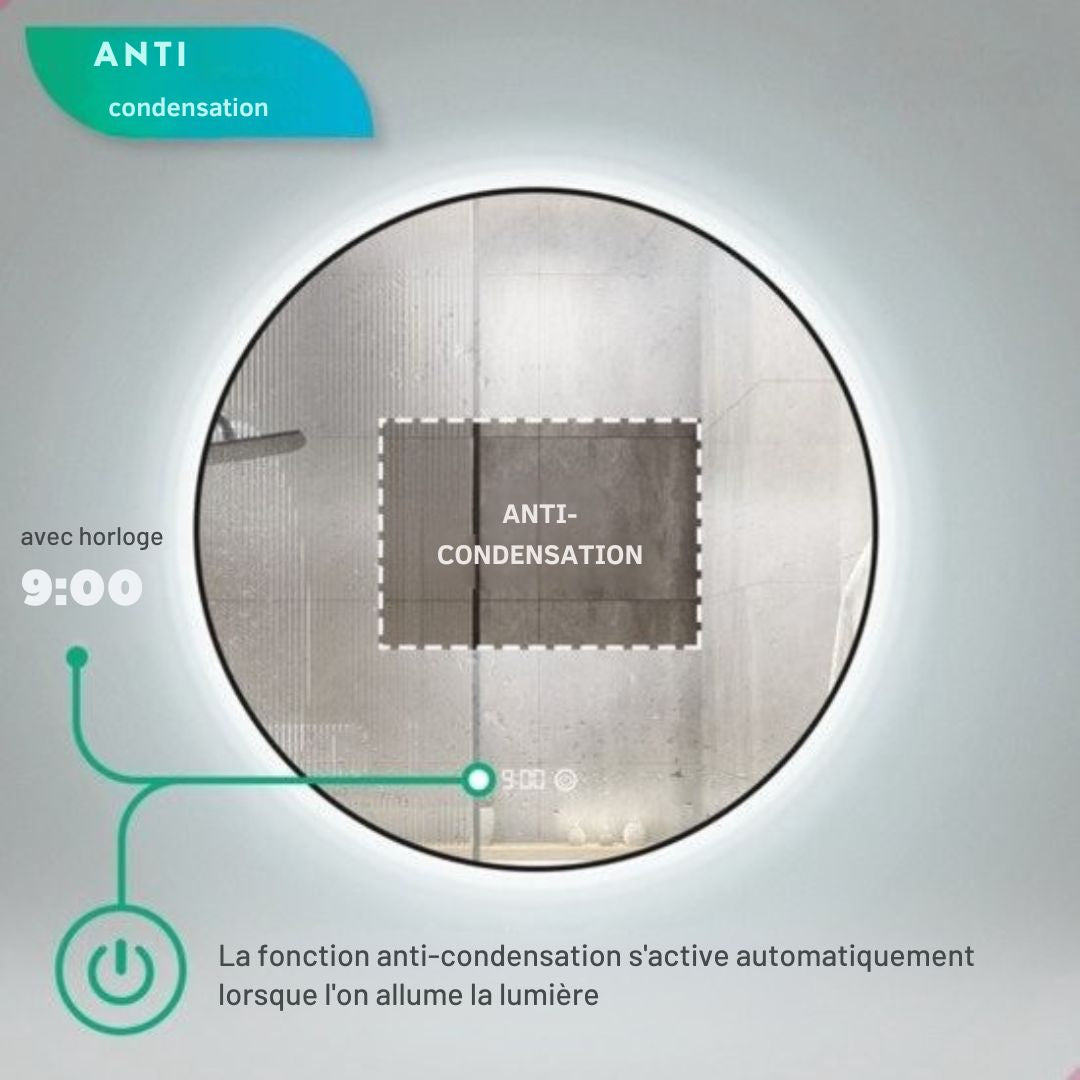 Miroir de salle de bain Mirlux - Eclairage et chauffage LED - Anti condensation - mural rond - 80CM - Noir mat