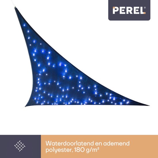 Voile d'ombrage Perel avec 100 LED, ciel étoilé, auvent pour terrasse de jardin, toile d'ombrage, perméable à l'eau, 90 % protection UV, 3 anneaux en acier inoxydable, 3,6 x 3,6 x 3,6 m, 180 g/m², HDPE, triangle, bleu foncé