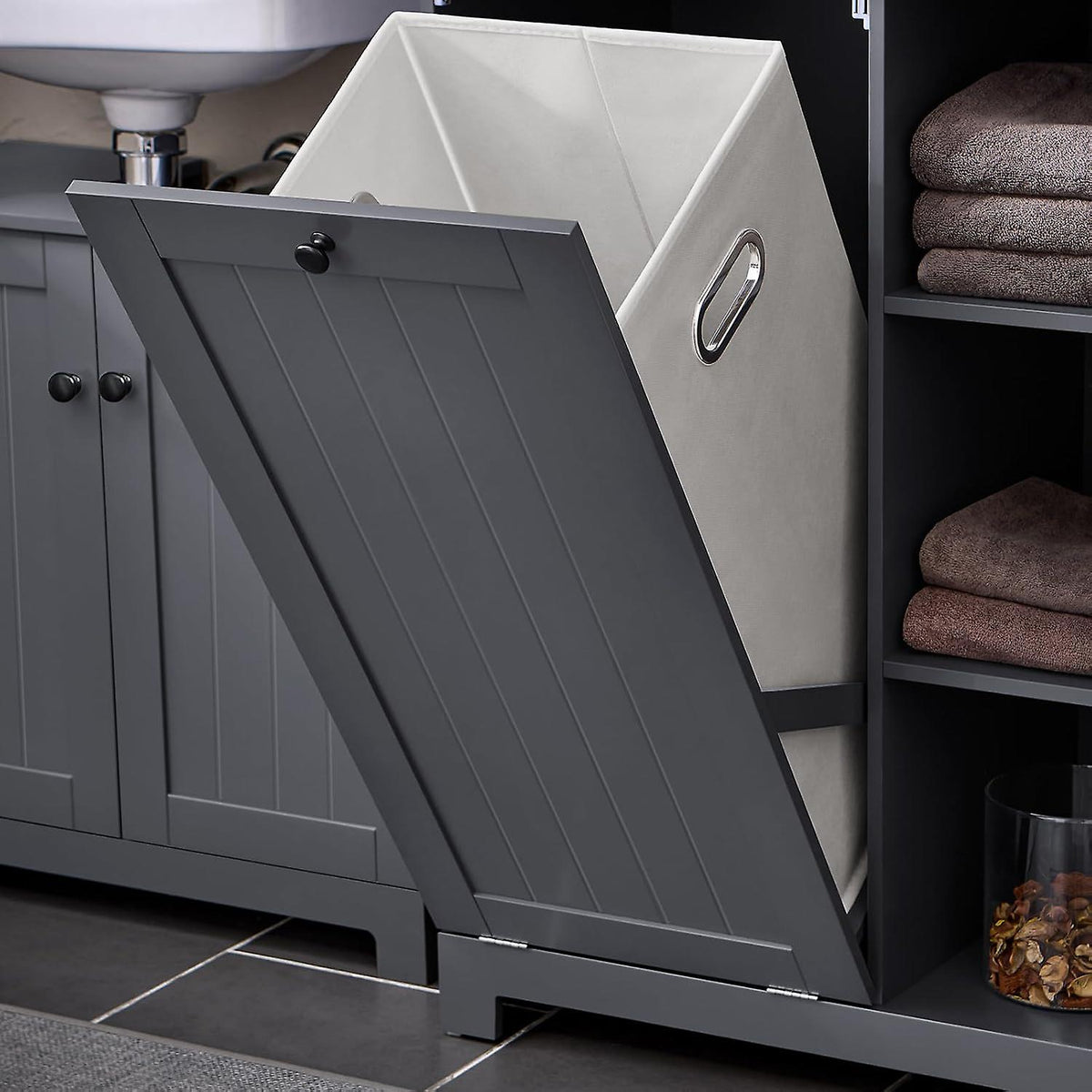Sobuy Armoire de salle de bain avec panier à linge - Noir - 60x37x170 cm