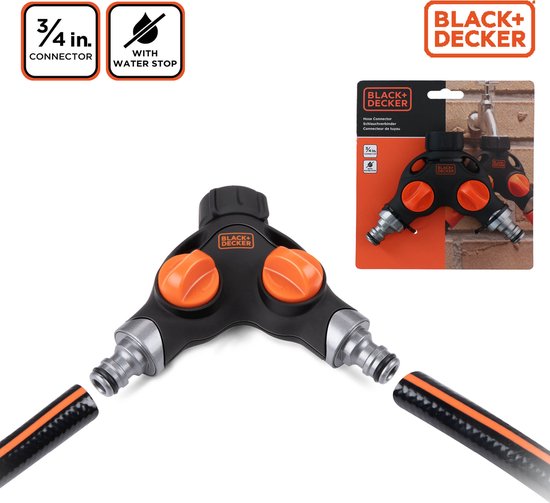 BLACK+DECKER Pièce de robinetterie - Connecteur 3/4 pouce - Stop eau - Séparateur 2 voies - Noir/Orange