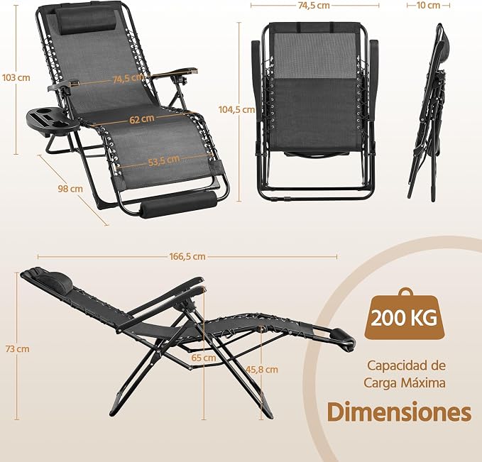Chaise longue pliable Yaheetech Zero Gravity - Noire - Chaise de détente avec coussin, repose-pieds et porte-gobelet, jusqu'à 200 kg