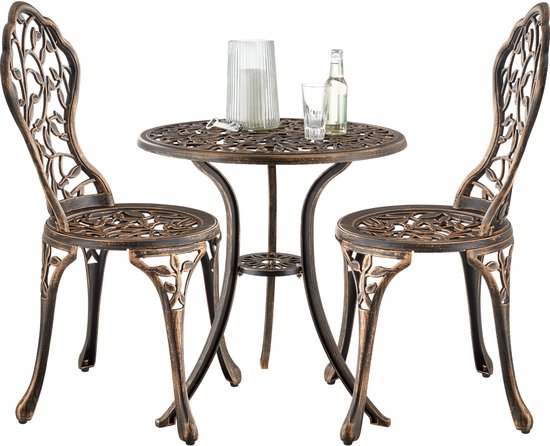 tectake® Ensemble bistro 2 personnes - Table bistro vintage avec 2 chaises bistro - Ensemble bistro en aluminium pour le jardin, la terrasse ou le balcon - Résistant aux intempéries - Couleur bronze