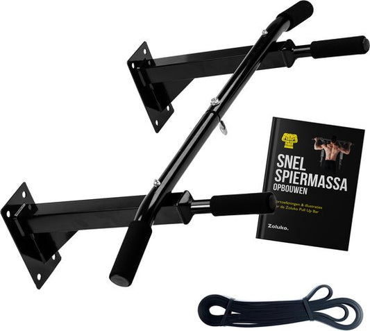 Barre de traction professionnelle Zoluko à fixation murale - Avec bande de résistance moyenne et livre électronique - Capacité de charge de 150 kg - Fixation simple - Barre de traction de fitness - Station de traction pour s'entraîner à la maison - Barre