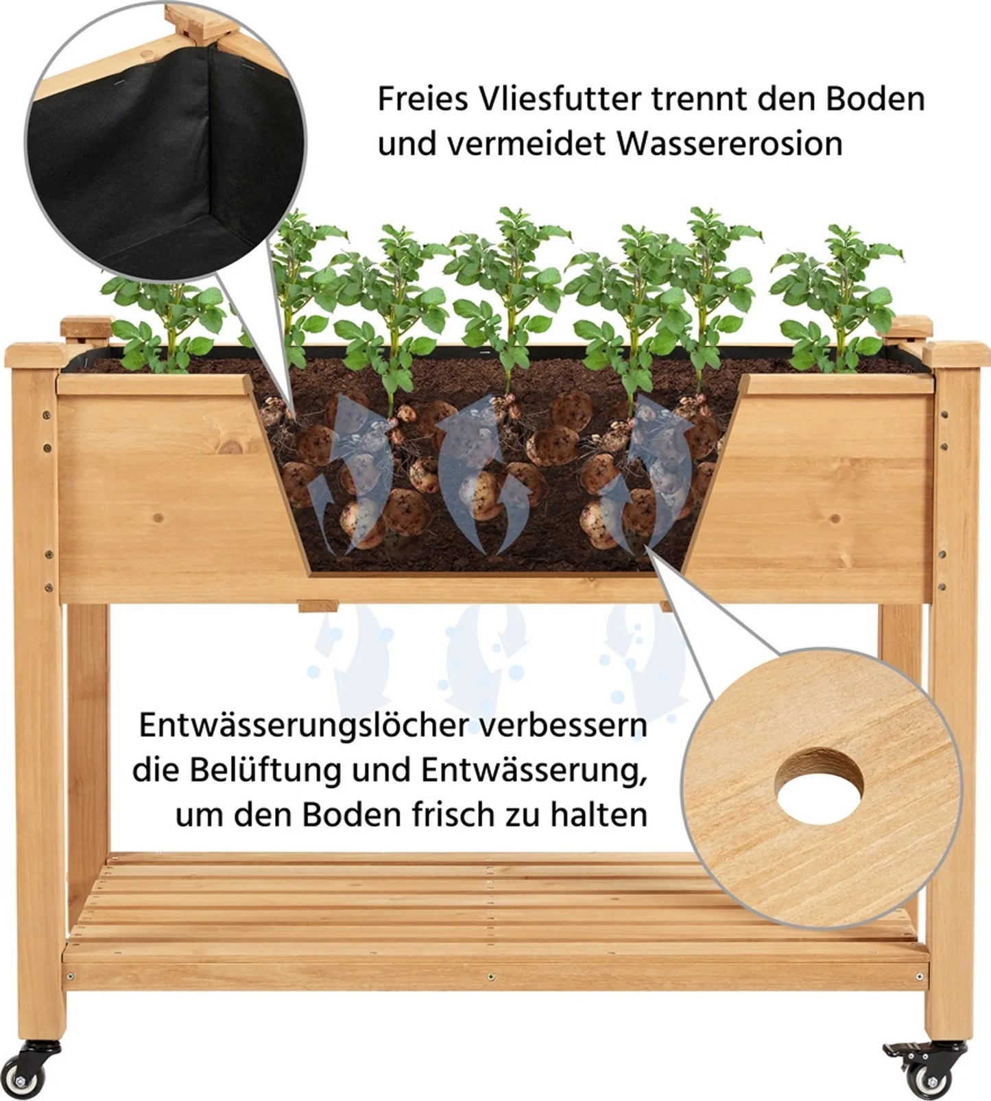 Yaheetech Jardinière surélevée sur roues - avec 4 trous de drainage, boîte de rangement et roulettes à 360° - pour balcon et terrasse - épicéa brun clair - 105,5 x 56,5 x 83,5 cm