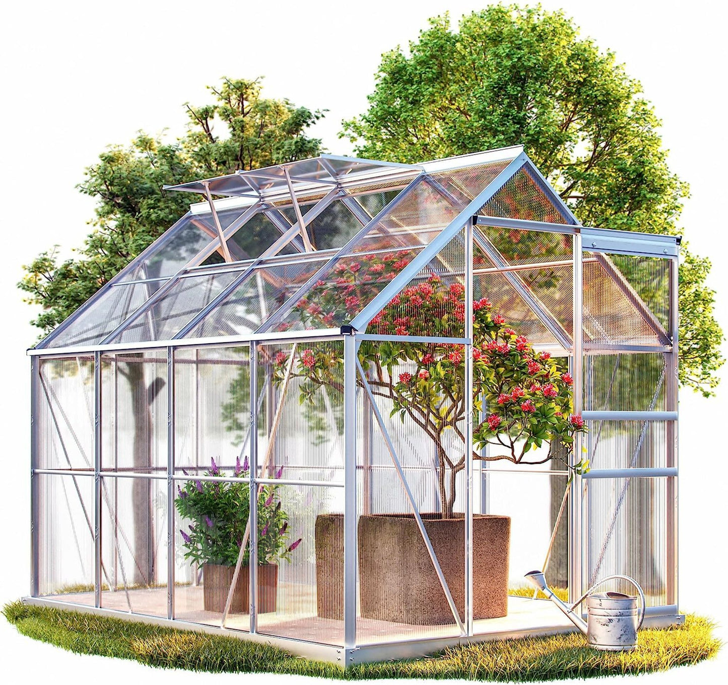 Serre M4 en polycarbonate avec socle – 250 x 190 x 195 cm – 7,6 m³ – 2 lucarnes – Gouttière