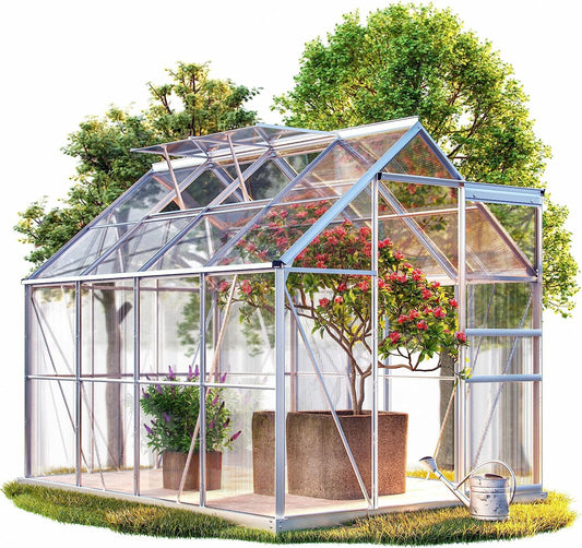 Serre M4 en polycarbonate avec socle – 250 x 190 x 195 cm – 7,6 m³ – 2 lucarnes – Gouttière