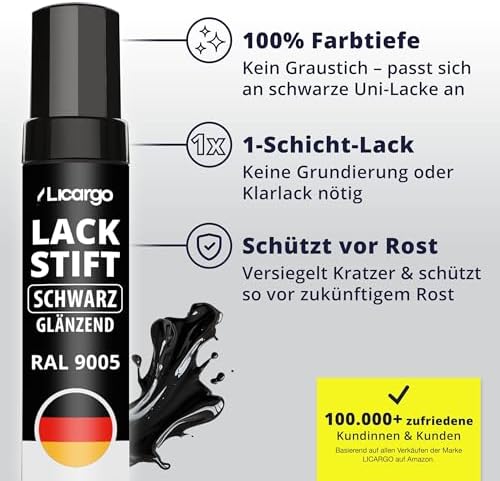 LICARGO Stylo de retouche noir brillant 12 ml - Haute couvrance et séchage rapide, avec pinceau de précision