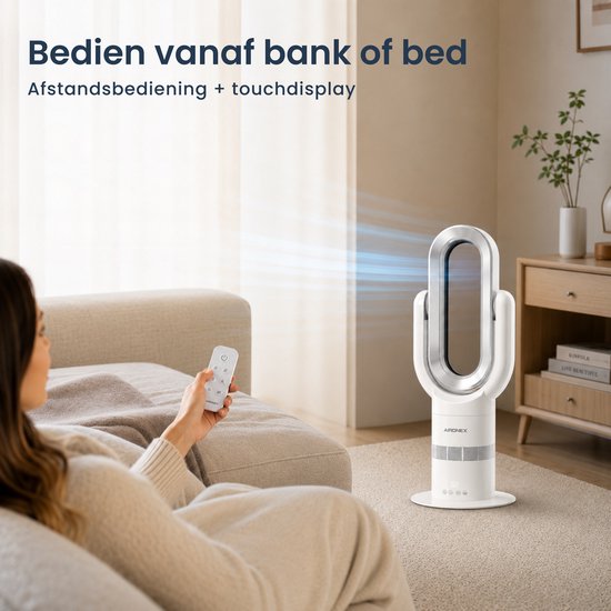 Ventilateur sans fil Aironex Swing avec chauffage – Radiateur soufflant – 2 en 1 : refroidissement et chauffage – 10 réglages – Oscillation à 71° – Télécommande – Blanc