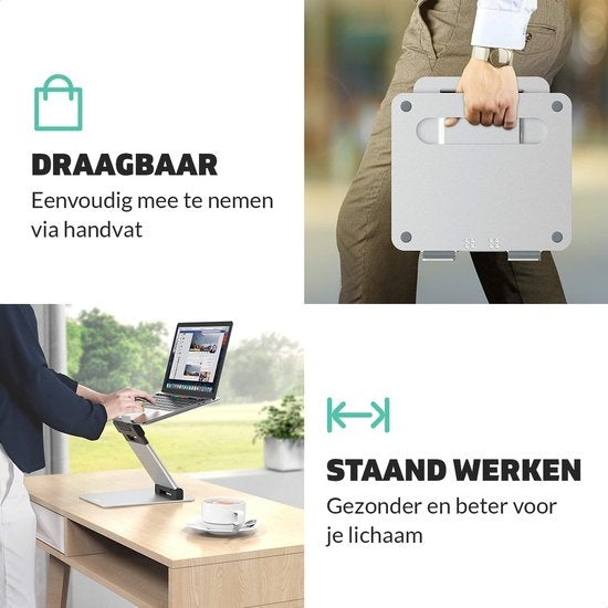 LURK® Laptop Stand Ergonomic - Laptop Raiser en aluminium - Travailler debout - Ajustable et pliable - Silver