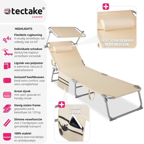 tectake® - bain de soleil bain de soleil - 4 positions, pliable - beige - 68 x 190 x 28 cm, avec poche latérale