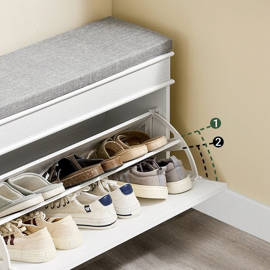 SoBuy FSR82-L-WG Meuble à chaussures banc d'entrée - banc à chaussures avec siège de toilette et coussin de rangement pour chaussures pour hall d'entrée, salon 75 x 24 x 51 cm, capacité 180 kg, blanc effet bois antique