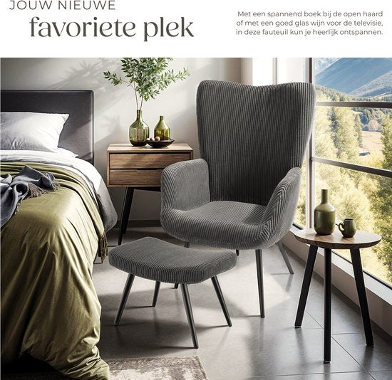 tectake® Ear Armchair with Hocker - Fauteuil scandinave Teddy Bouclé - Chaise de salon et de séjour - Pieds en métal noir - Capacité 150kg - Velours côtelé - Gris
