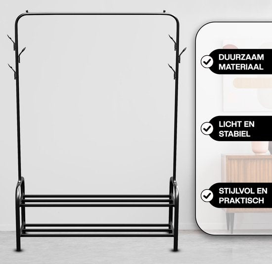 Vonia Rack à vêtements 152 x 34 x 102 cm - Rack à vêtements avec porte-chaussures - Rack à vêtements en métal - Rack de penderie - Noir