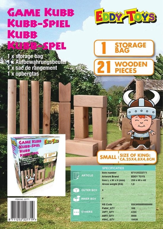 Eddy Toys Jeu Kubb - Kubb - Jeu d'échecs viking - Bois - avec sac de rangement - Petit