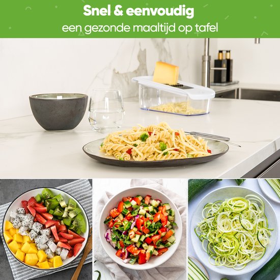 Mandoline Stosh - Coupe-légumes - Coupe-oignons - Coupe-spirale - Râpe - 6 pièces - Plastique - Sans BPA