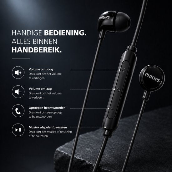 Écouteurs intra-auriculaires Philips TAE1156BK - Clear Sound - Filaires - Télécommande avec microphone - Prise jack 3,5 mm - Noir