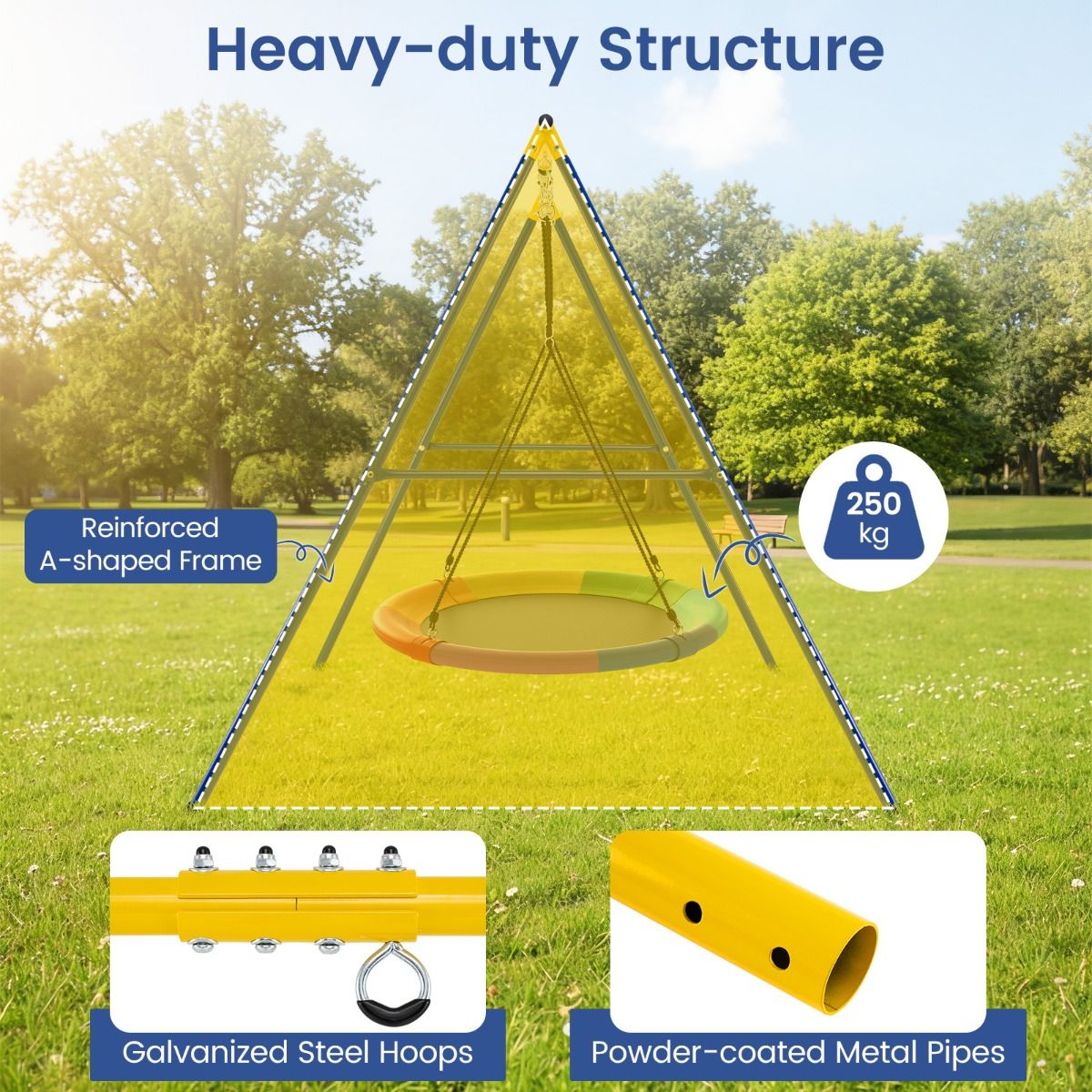 Support de balançoire Coast - structure en A robuste en métal - capacité de charge très élevée - bleu et jaune