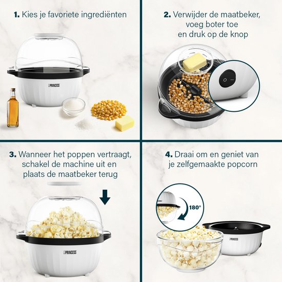 Princess 292980 Machine à pop-corn - Machine à pop-corn 450 W - Couvercle transparent - Bol de service - De forme ronde - Pop-corn croustillant et sain - Avec gobelet doseur - Avec plaque de fusion pour le beurre - Possibilité d'ajouter de l'huile - Fête