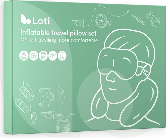 Loti Oreiller cervical gonflable 3 en 1 avec sac de rangement - Oreiller d'avion - Oreiller de voyage - Velours - Masque de sommeil et bouchons d'oreille inclus - Bleu