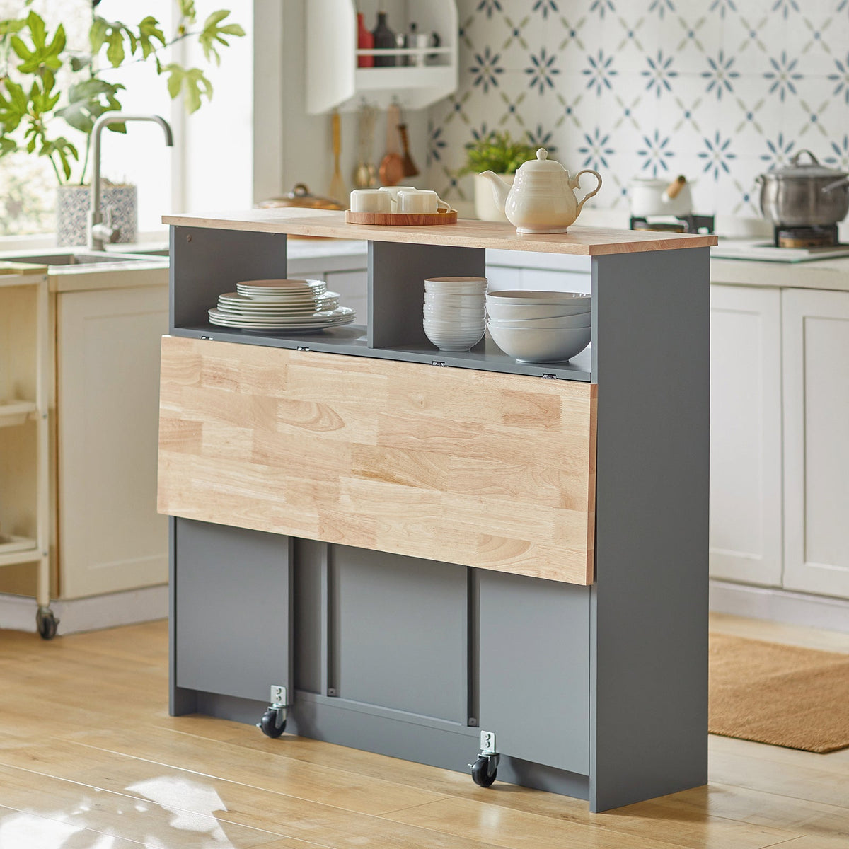 SoBuy FSB36-HG Meuble de rangement avec portes coulissantes et plan de travail extractible - 110x68x97 cm - Gris clair