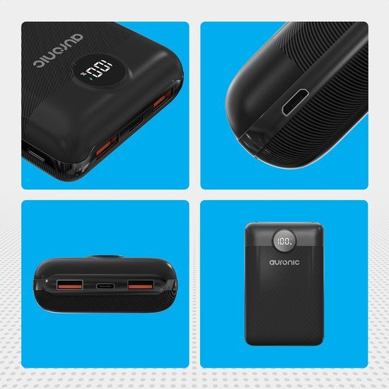 Auronic Powerbank - Chargeur rapide iPhone et Samsung - 20 000 mAh - 22,5W - 3 ports de charge - Chargement rapide via USB-A et USB-C - Noir