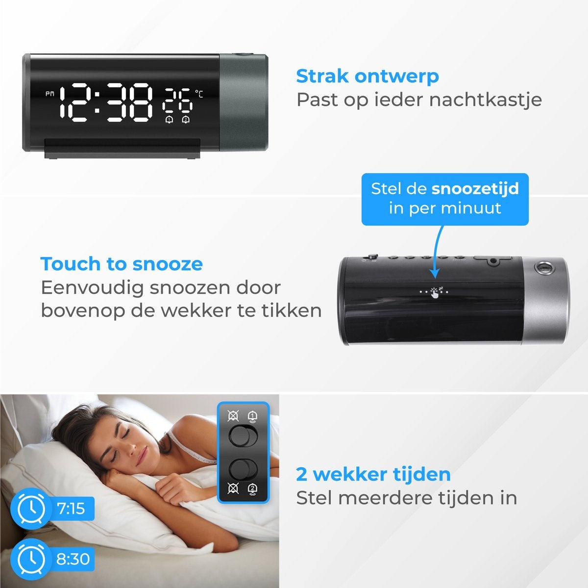 Nuvance - Réveil numérique avec projection - Réveil numérique - avec fonction Snooze et double alarme - pour la chambre à coucher - comprend un port de charge USB