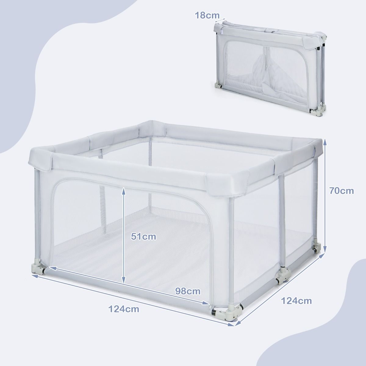 Coast Baby Box pliable 124x124x70 cm Gris avec 50 boules Ocean et 4 poignées - Tissu Oxford, maille respirante