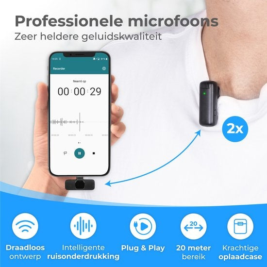 Nuvance - Microphone sans fil - 2 pièces avec étui de chargement - Microphone Tie Pin - Usb C - Microphone Lavelier - Plug & Play