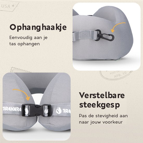 TRAVARA Oreiller cervical « The Airhugger » - Oreiller de voyage - Pour l'avion - Oreiller de voiture - Mousse à mémoire de forme - Combinaison de mousse gonflable et de mousse à mémoire de forme - Gris clair