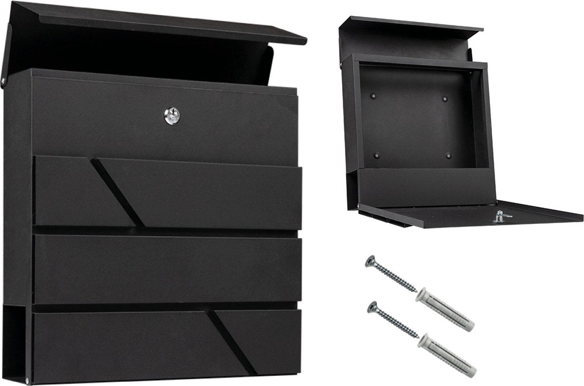 BRASQ Deluxe Letterbox Black 37.5 x 36.5 x 11 cm - Boîte aux lettres murale avec serrure et compartiment à journaux - Comprend le matériel de montage et 2 clés