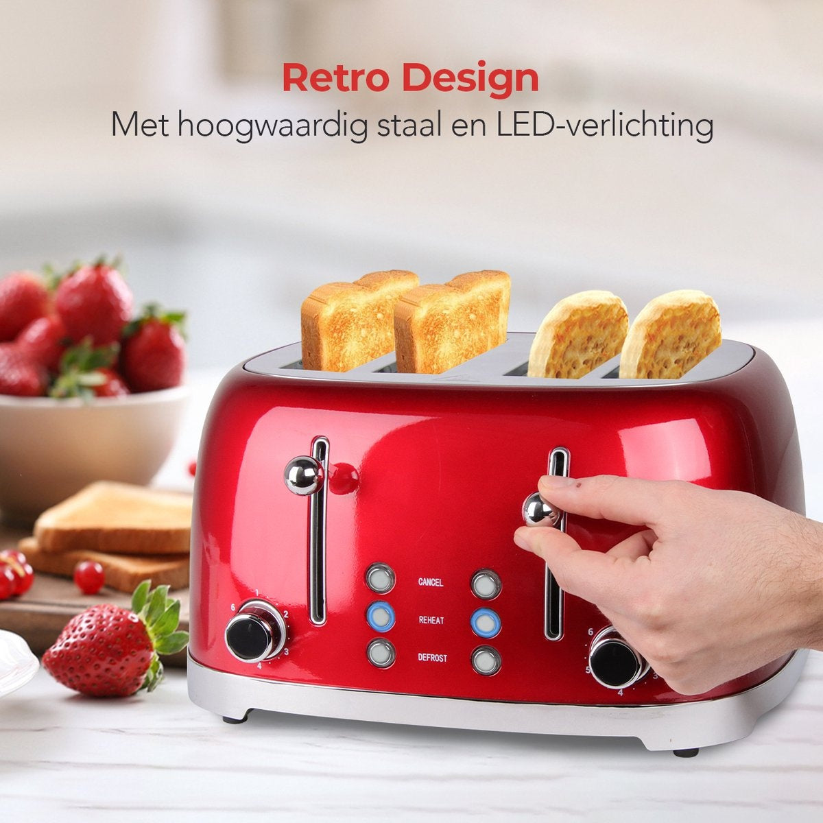 KitchenBrothers Grille-pain rétro - 6 niveaux de chaleur - 4 fentes extra-larges - 1630W - Fonctions de réchauffage et de décongélation - Rouge