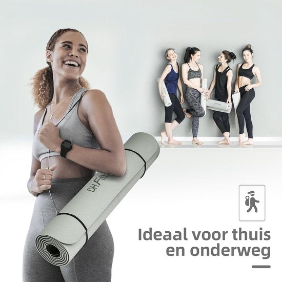 DH FitLife tapis de yoga en TPE, 183 x 61 x 0,6 cm, tapis de gymnastique, tapis d'entraînement des deux côtés antidérapant et respectueux de l'environnement, tapis de fitness avec lignes d'orientation (Gris)