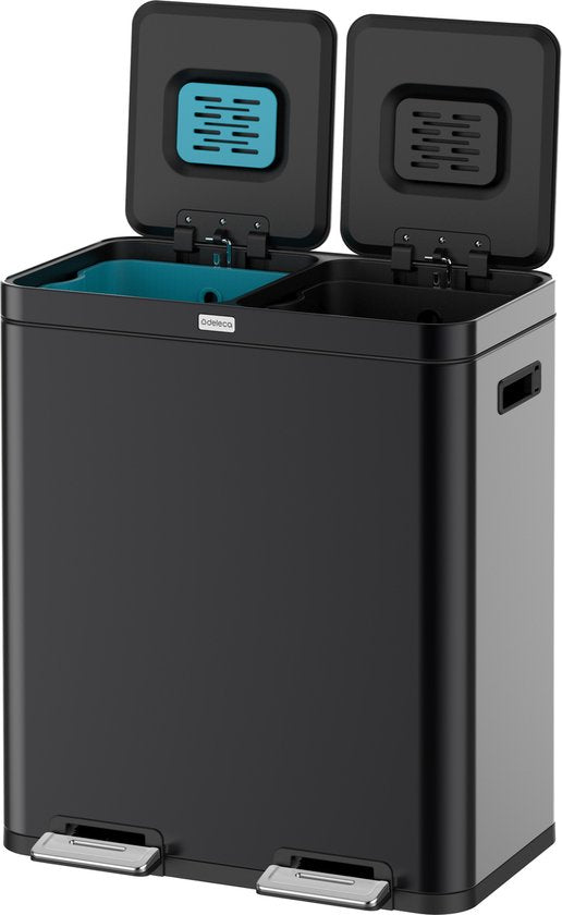 Deleca Recycle Bin with 2 Compartments - 60 Litres (2x30) Waste Bin - Waste Separation / Deposit Container / Pedal Bin - Garbage Bin with FreshAura Odour Control - Slow Close - Stainless Steel Black
