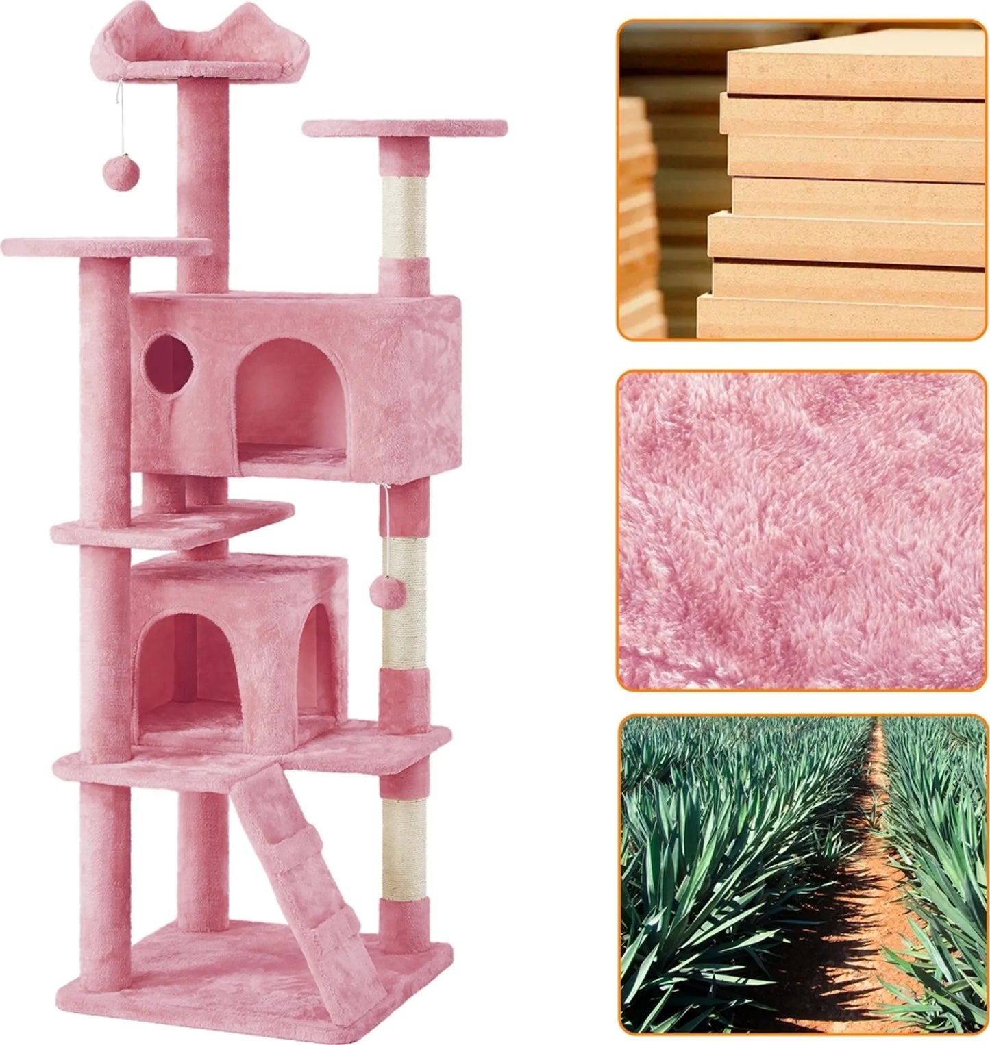 Yaheetech Cat Post XXL avec 3 plateformes d'observation - équipé de 2 maisons pour chats et de 3 griffoirs et d'un dispositif anti-fugue - pour les foyers avec plusieurs chats - peluche rose et sisal - 54 x 54 x 178 cm