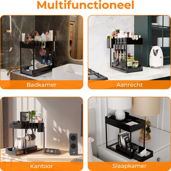 Posity Rangement pour évier - Rangement pour armoire de cuisine - Tiroir coulissant - Rangement pour armoire - Rangement pour salle de bain - Rangement pour comptoir - 2 tiroirs coulissants - Noir