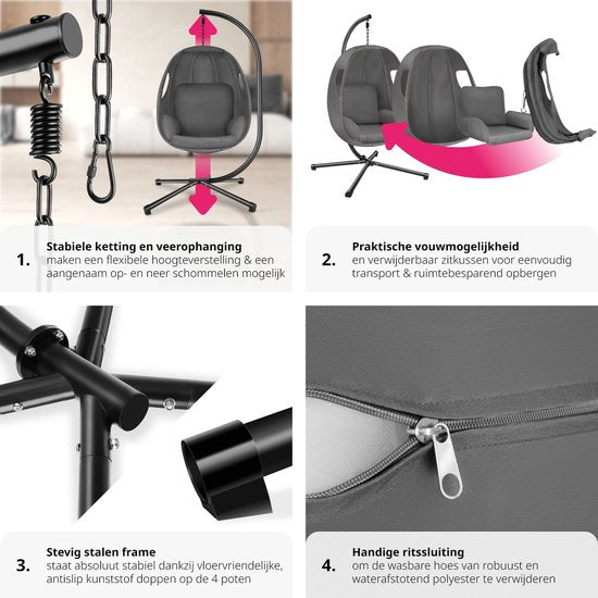 tectake® Chaise suspendue avec cadre - Chaise à bascule avec coussin + coussin de dossier - Meuble de salon ou de chambre - Meuble de balcon - Intérieur ou extérieur - Jusqu'à 160kg - Anthracite