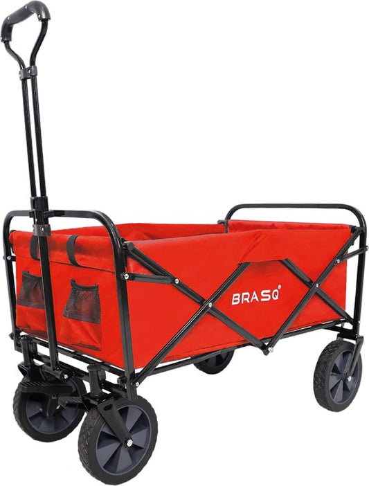 BRASQ Chariot pliable - 100 litres - Capacité 80 KG - Roues pivotantes avec frein - 90x51x100 CM - Poignée réglable - Chariot pliable - Compact - Rouge