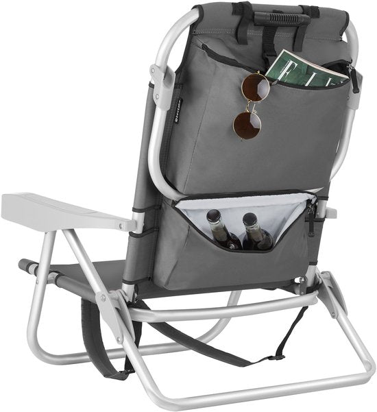 tectake® Beach Chair Coral - Chaise de camping pliable avec sac isotherme et sac de rangement - Dossier réglable en 5 directions avec coussin de tête - Accoudoirs larges avec porte-gobelet / porte-téléphone - Chaise de camping pliable - Gris