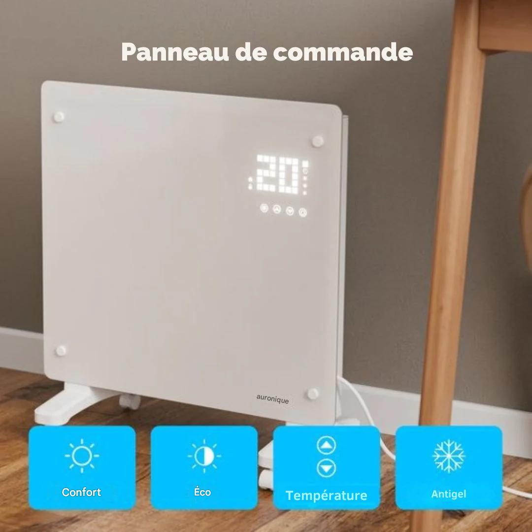 Chauffage électrique Auronic - convecteur avec thermostat et télécommande -  panneau en verre - 1000W - Blanc